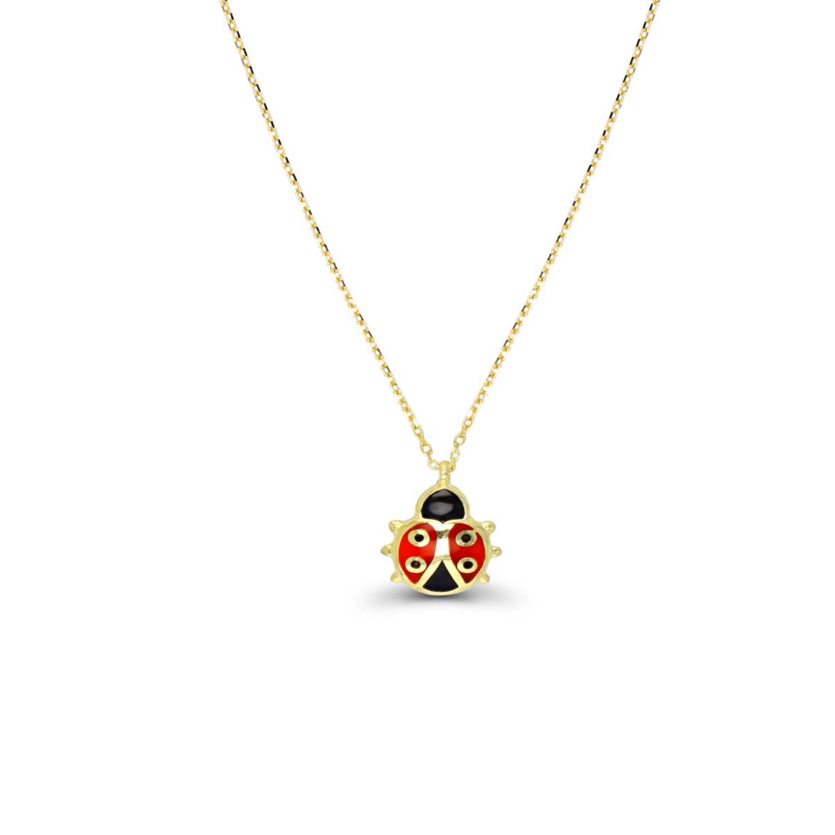 14K Yellow Gold Red & Black Enamel Ladybug 13"+2" Necklace