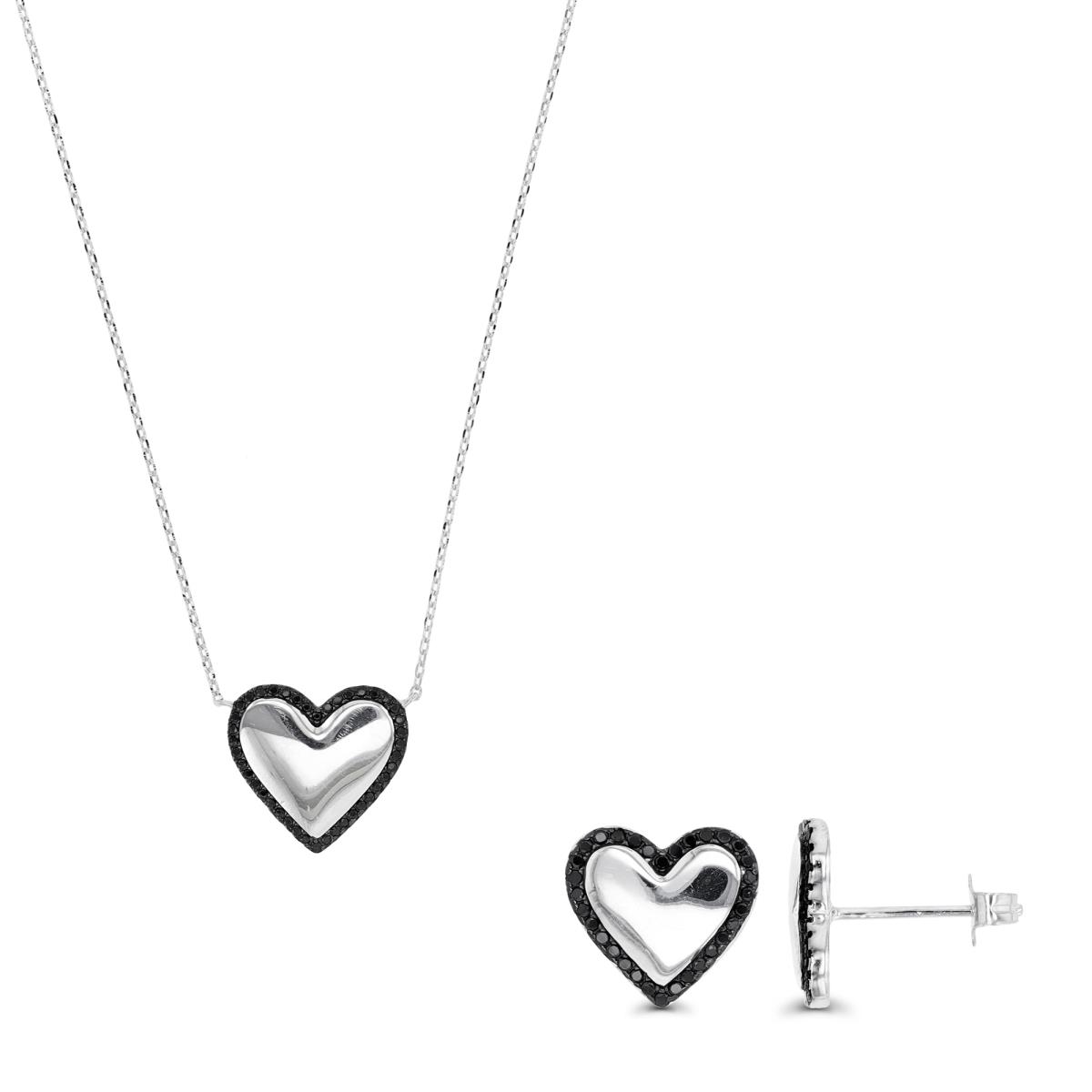 Sterling Silver Black & White 16;12MM Polished Black Spinel Heart 16+2" Necklace & Earring Set