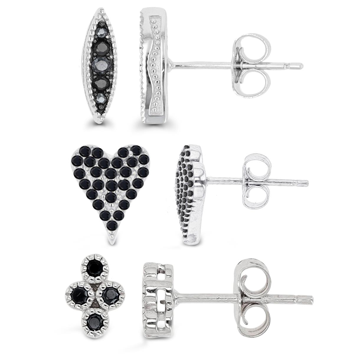 Sterling Silver Black & White 12X3;9X7;7X5 Heart Marquise & Milgraine Earring Set