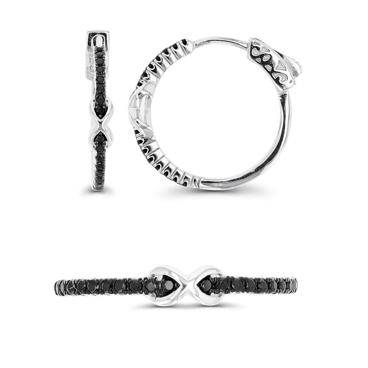 Sterling Silver Black & White 3.3;3X18.5MM Black Spinel Cross Over Ring & Hoop Earring Set
