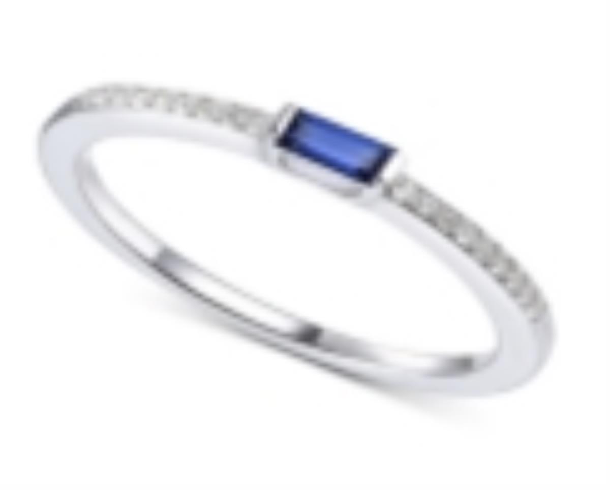 Sterling Silver Rhodium Cr. Sapphire Baguette & Rd Thin Ring