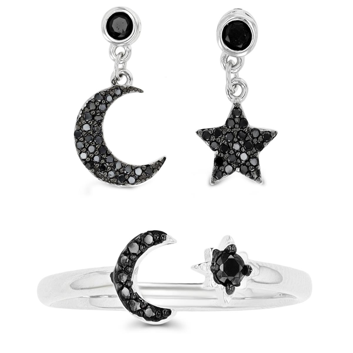 Sterling Silver Black & White 15X7;6.2mm Black Spinel Star & Moon Ring & Dangling Earring Set