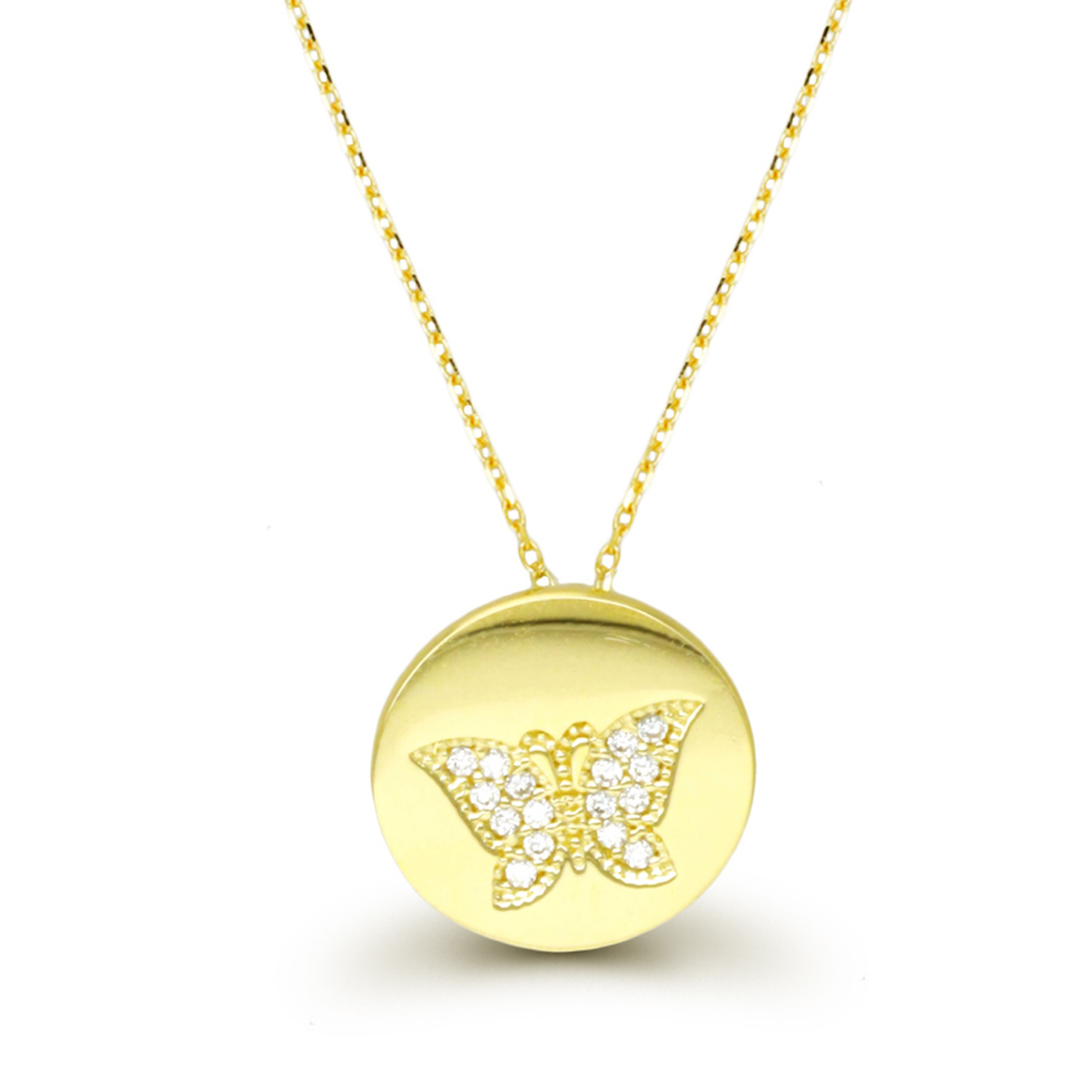 10K Yellow Gold Butterfly Pave Polished Circle 16"+2" Necklace