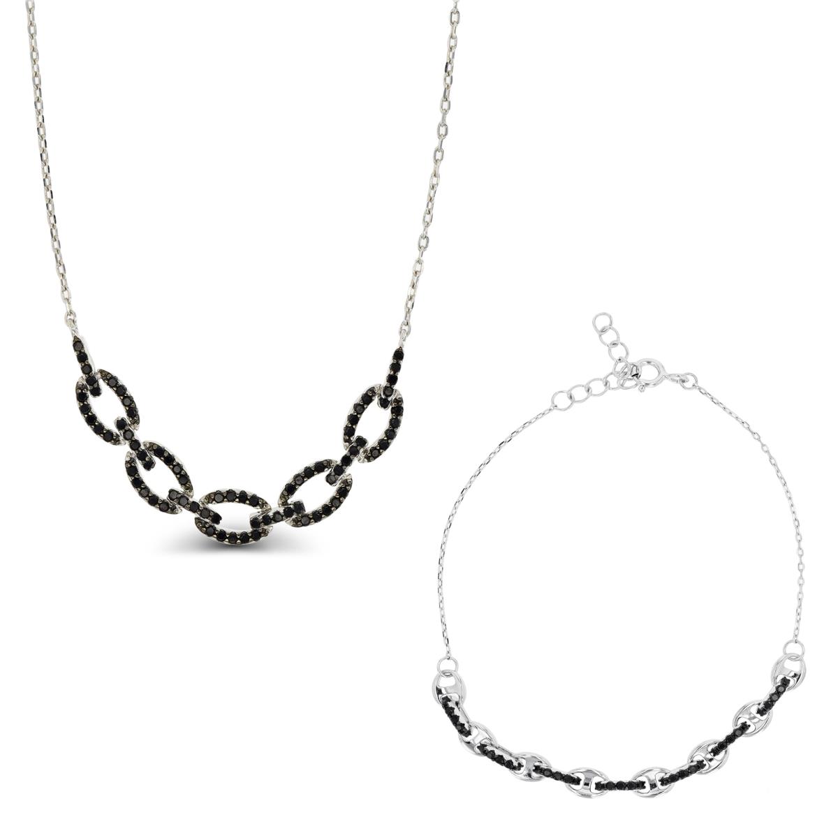 Sterling Silver Black & White 3.5MM Curb Link Bracelet & Necklace Set