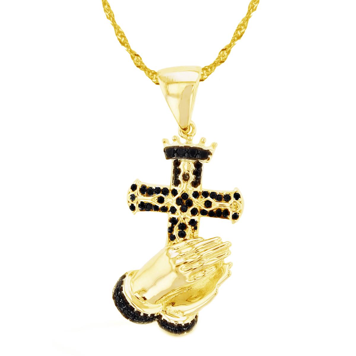 Sterling Silver Black & Yellow 1 Micron High Polish & Textured Rnd Black Spinel Praying Hands with Cross 18"+2" Singapore Necklace