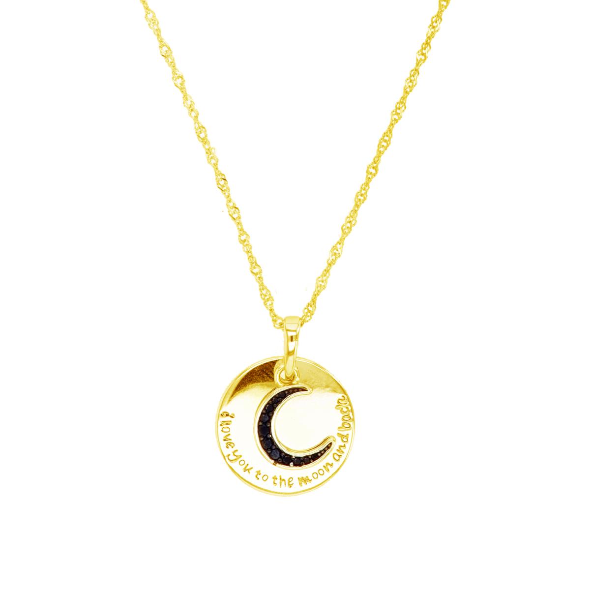 Sterling Silver Black & Yellow 1 Micron Rnd Black Spinel Moon &"I Love You To The Moon"High Polish Engraved Circle 18"Necklace