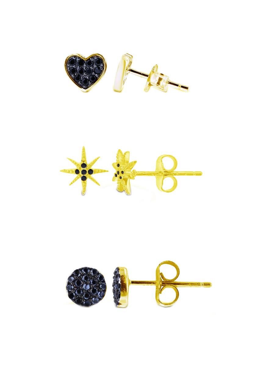 Sterling Silver Black & Yellow Black Spinel Paved Heart, Star & Cluster Earring Set