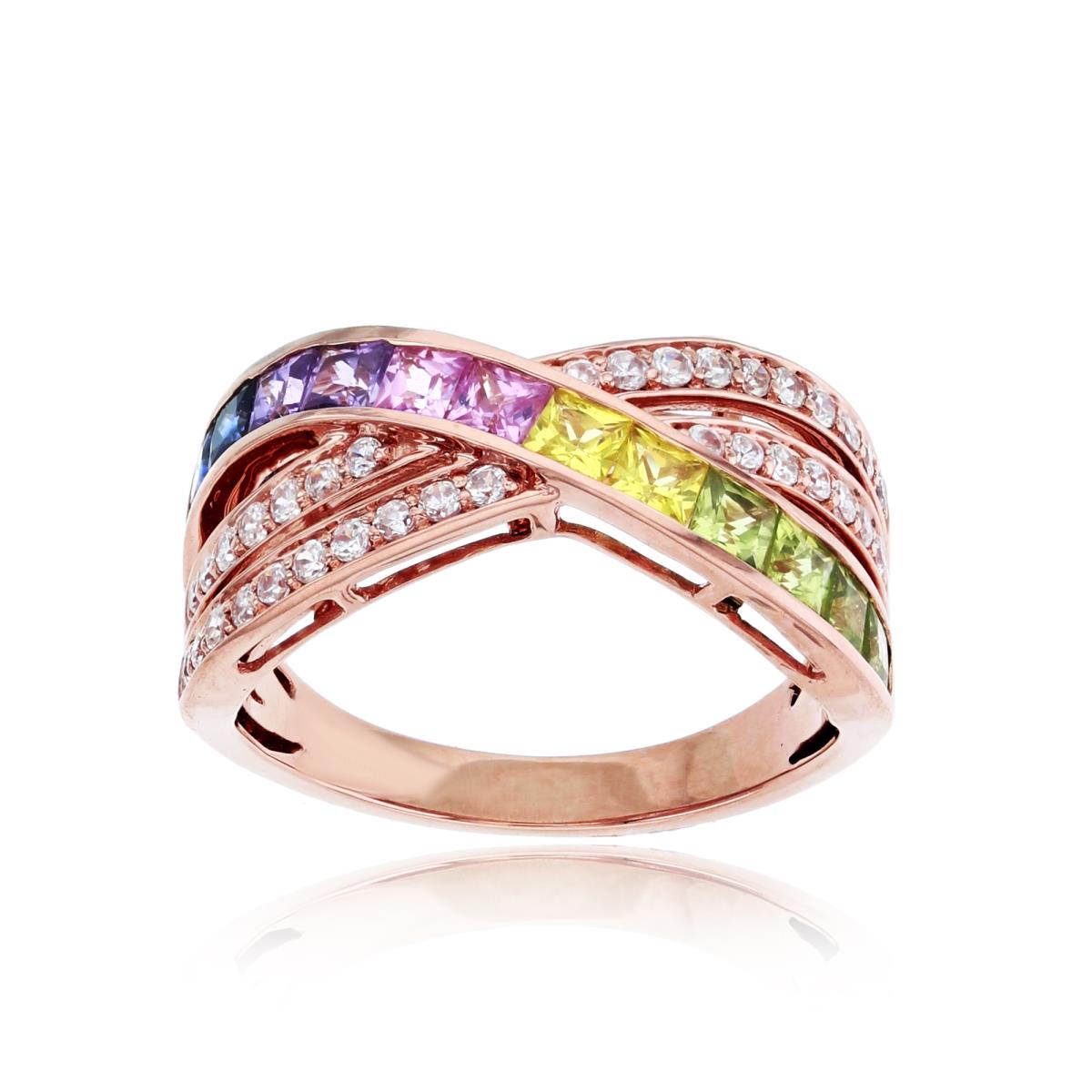 Sterling Silver Rose 0.34cttw Rnd Diamonds & 2.5mm SQ Multicolor Sapphire Criss/Cross Ring