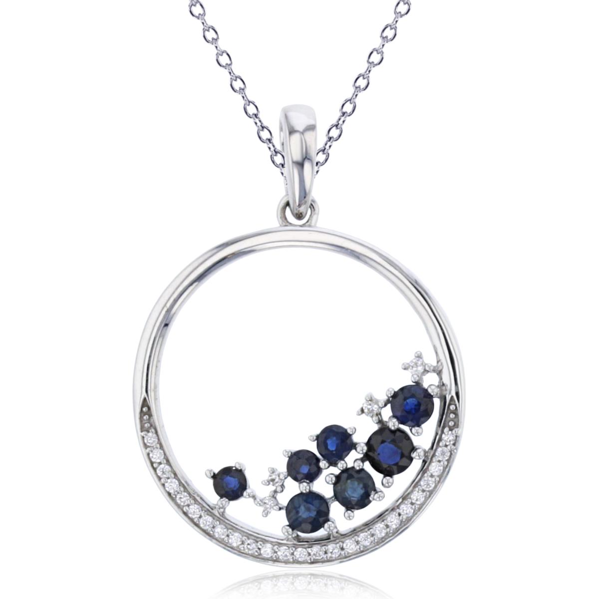 Sterling Silver Rhodium 0.10CTTW Rnd Diamonds & Rnd Sapphire Scattered Open Circle 18"Necklace