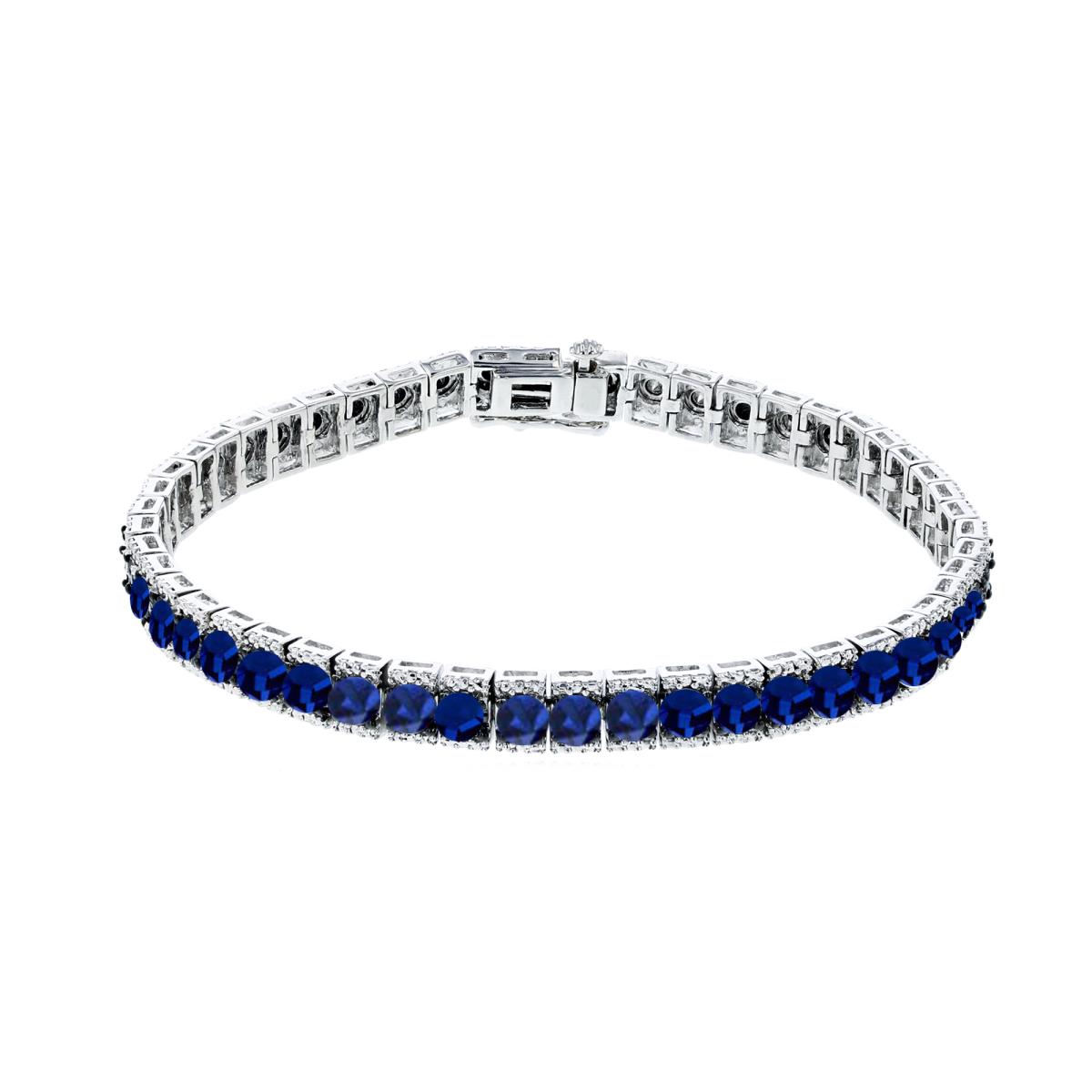 Sterling Silver Rhodium Cr. Blue Sapphire Straight Linked Bracelet