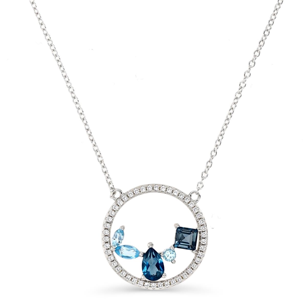 Sterling Silver Rhodium Shades of Blue Circle 18" Necklace