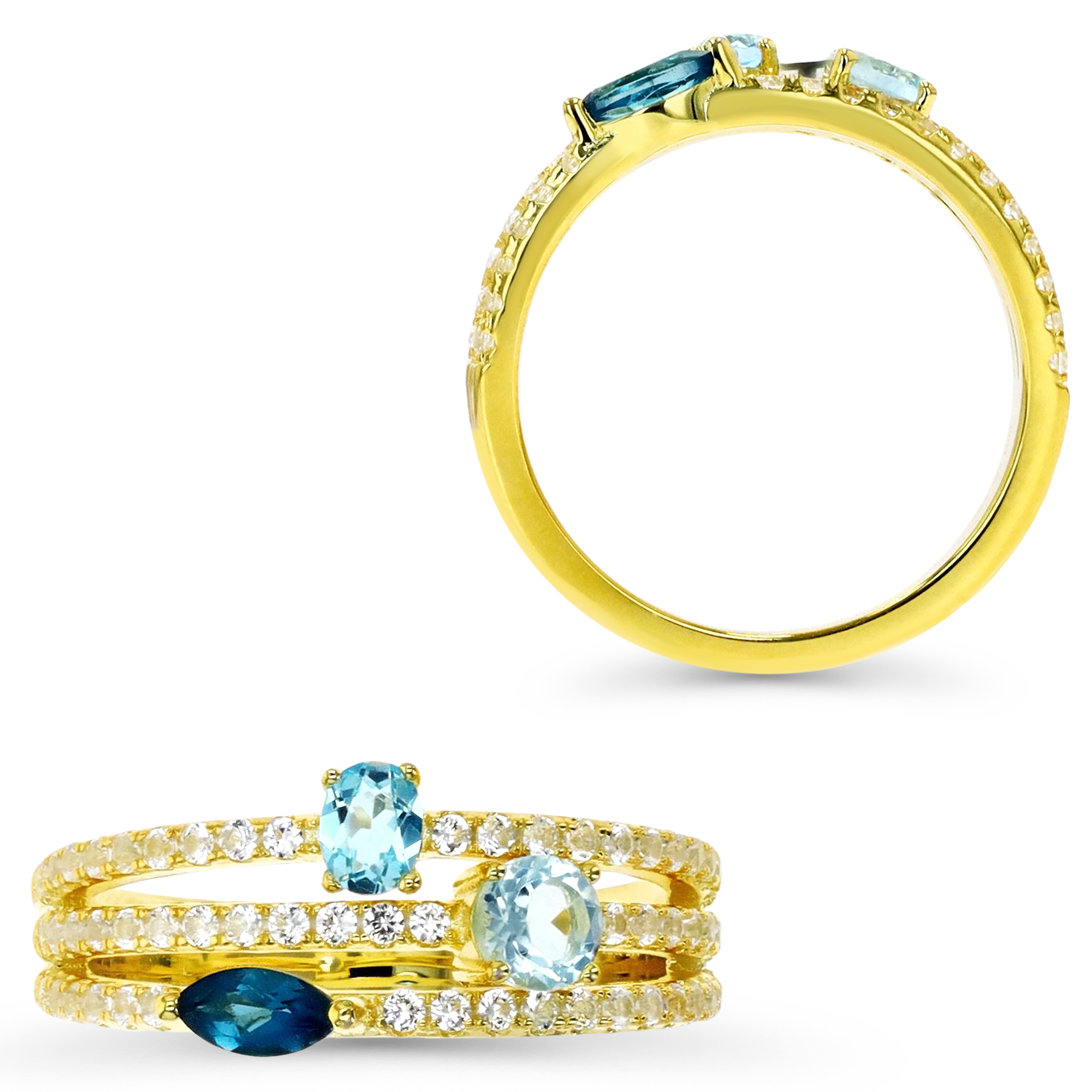 Sterling Silver Yellow Triple Row Swiss and London Blue Topaz Ring