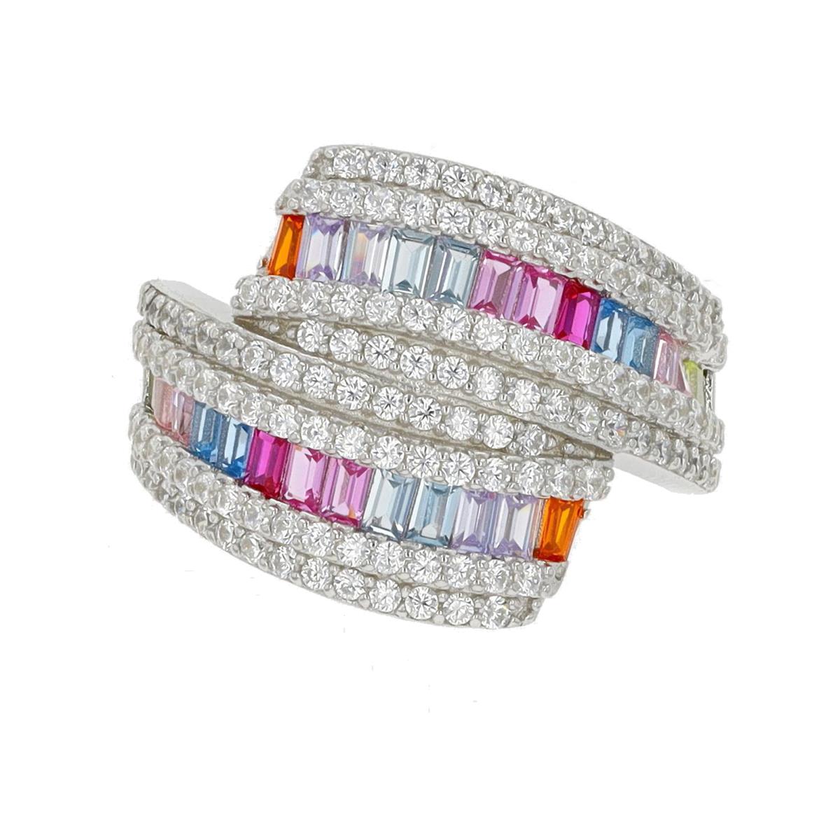 Sterling Silver Rhodium 16mm  Rainbow Baguette & Round CZ Overlapped Fashion Ring