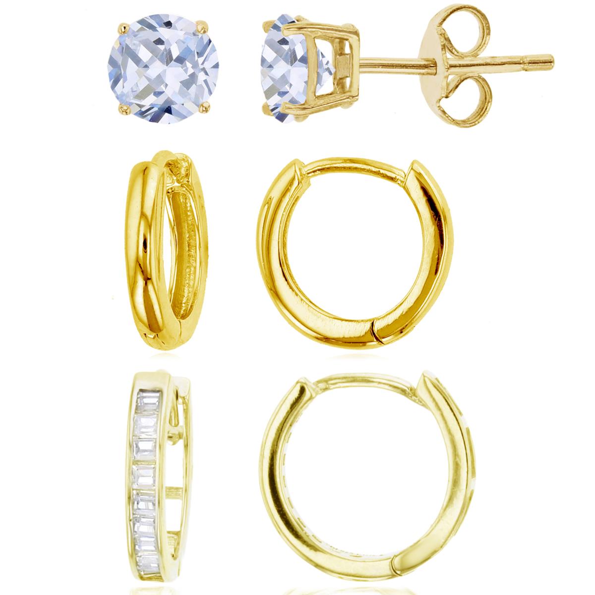 Sterling Silver Yellow High Polished, Paved Huggie and Solitaire Stud Earring Set
