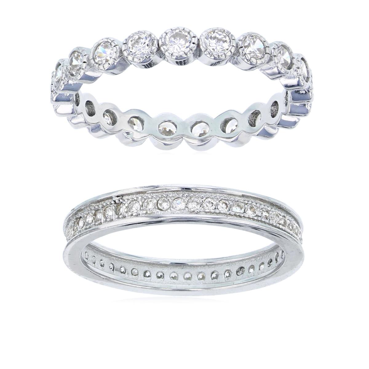 Sterling Silver Rhodium 3.30;3MM Milgraine & Single Micropave Band Ring Set