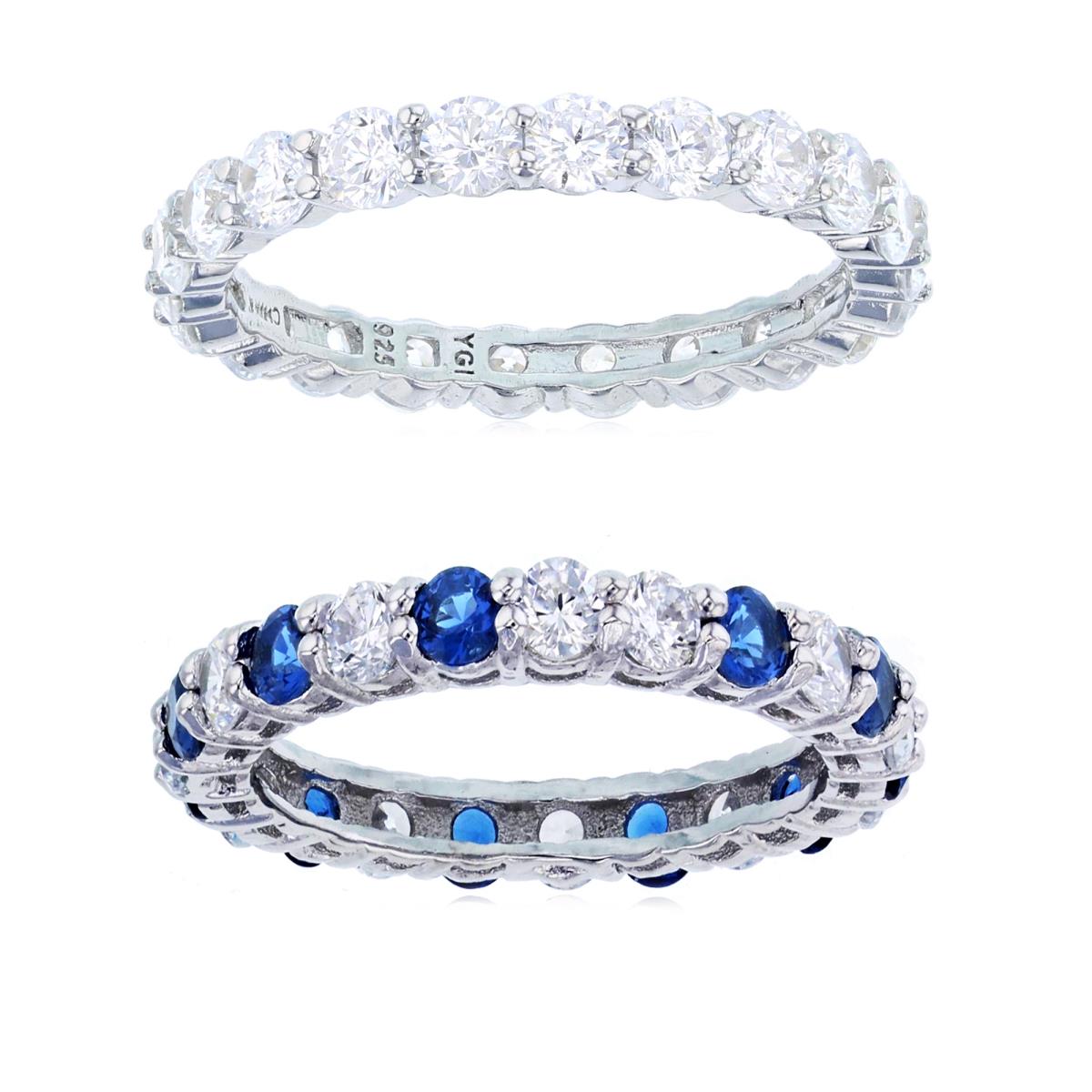 Sterling Silver Rhodium 3.00;3MM Clear CZ & #114 Blue Eternity Band Ring  Set