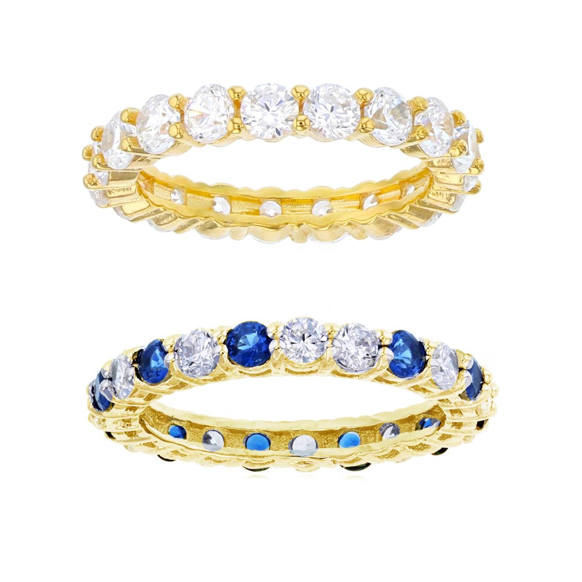 Sterling Silver Yellow 3.00;3MM Clear CZ & #114 Blue Eternity Band Ring  Set