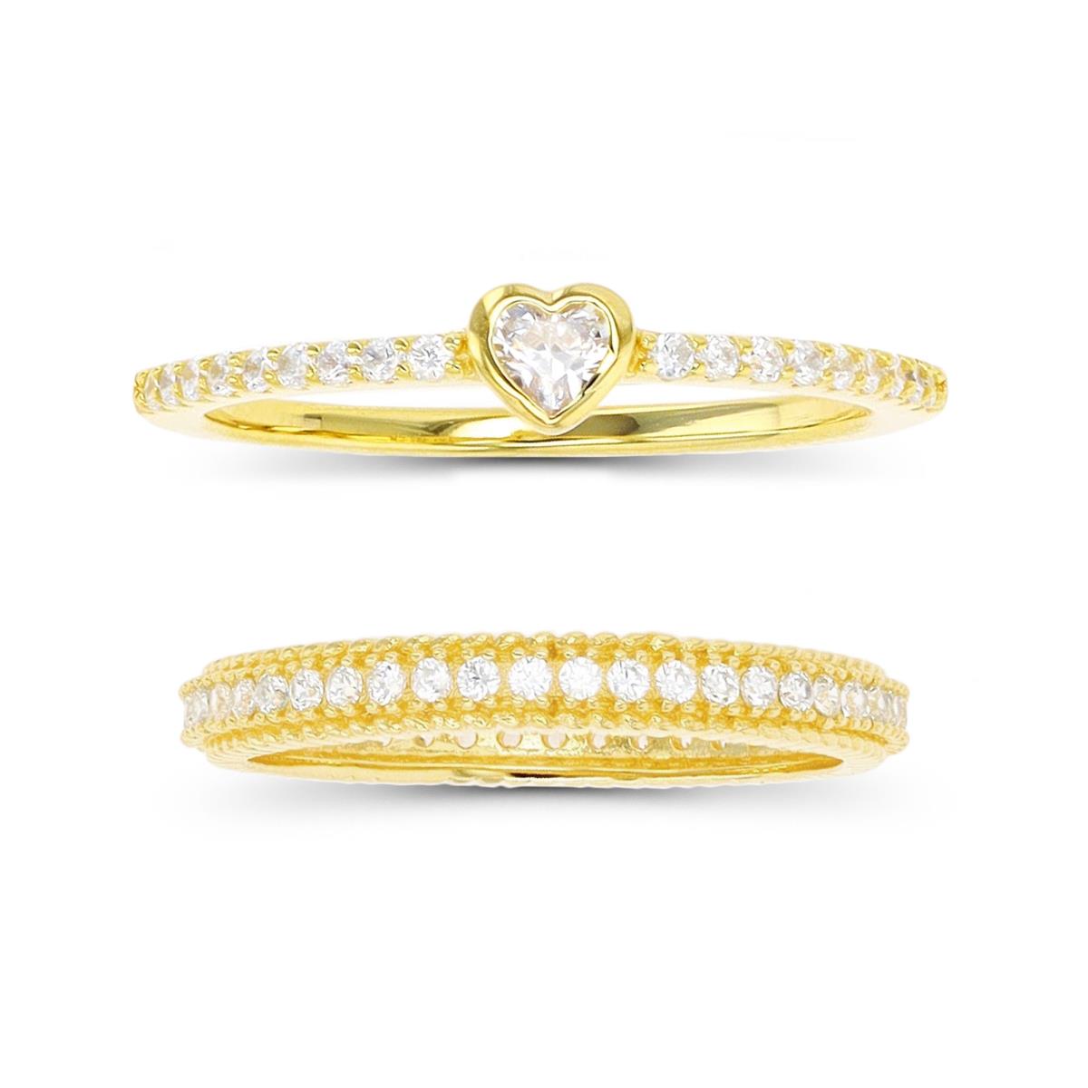 Sterling Silver Yellow 3.8;3mm Heart Eternity White CZ Band Ring Set