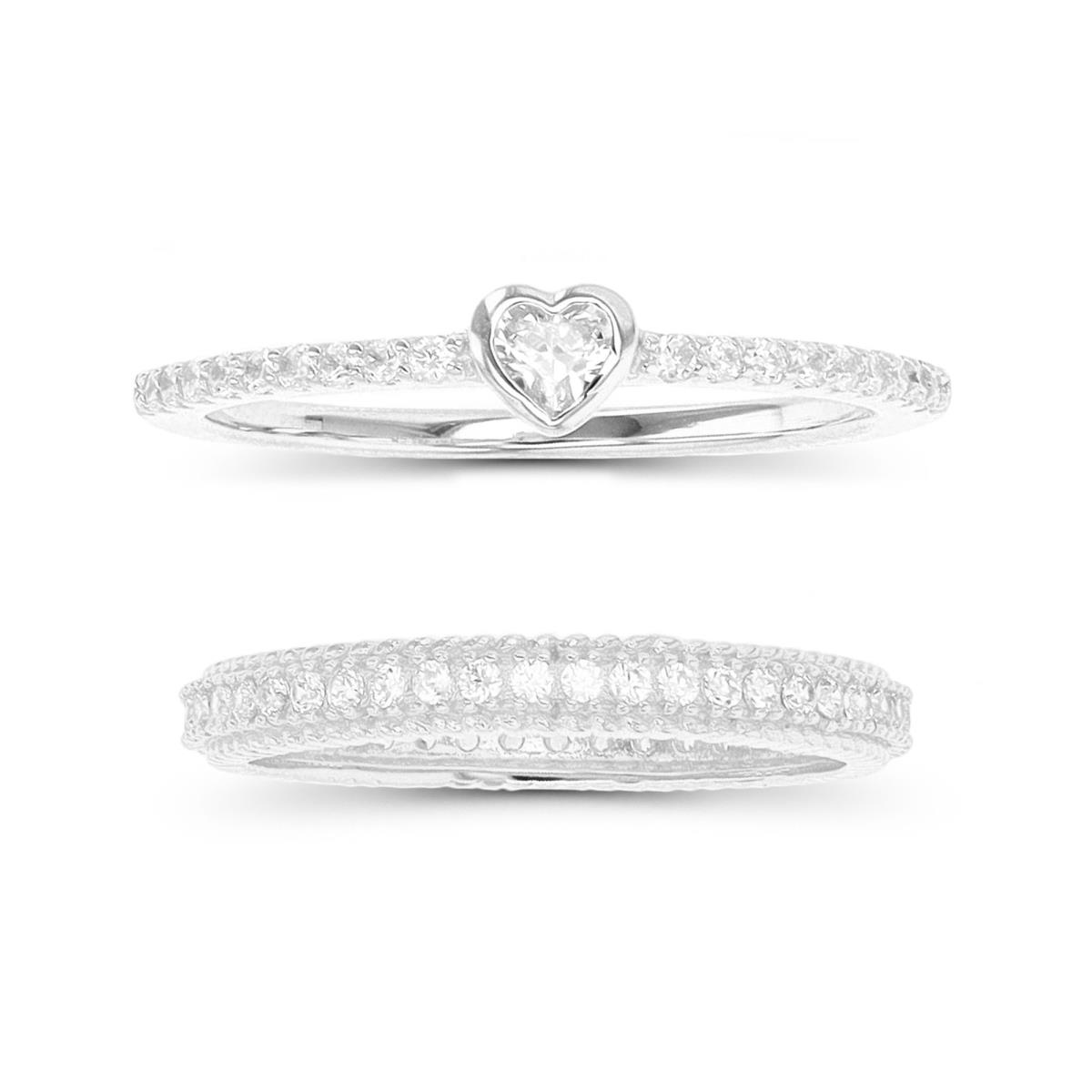 Sterling Silver Rhodium 3.8;3mm Heart Eternity White CZ Band Ring Set