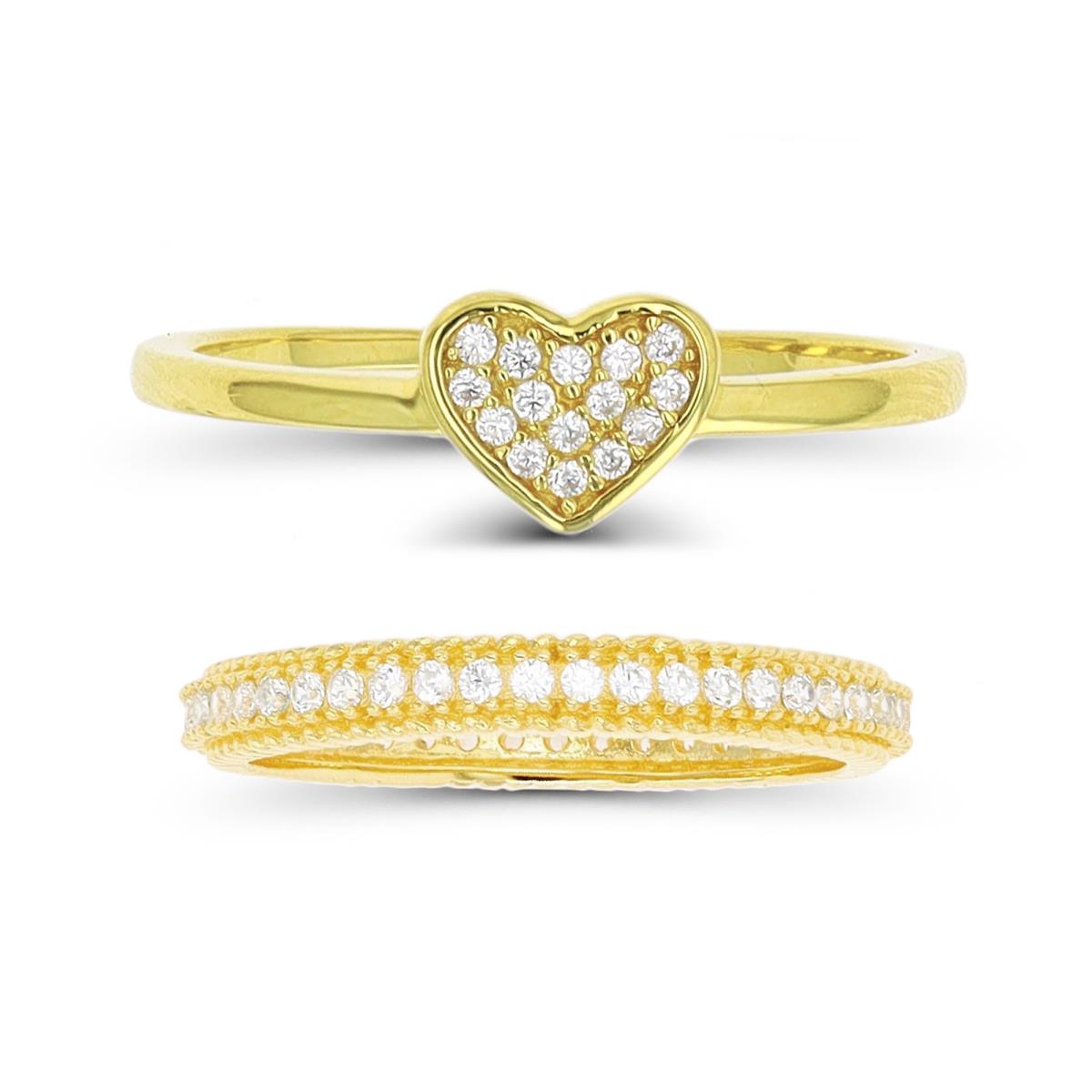 Sterling Silver Yellow 3;6mm Heart White CZ & Milgraine Eternity Band Ring Set