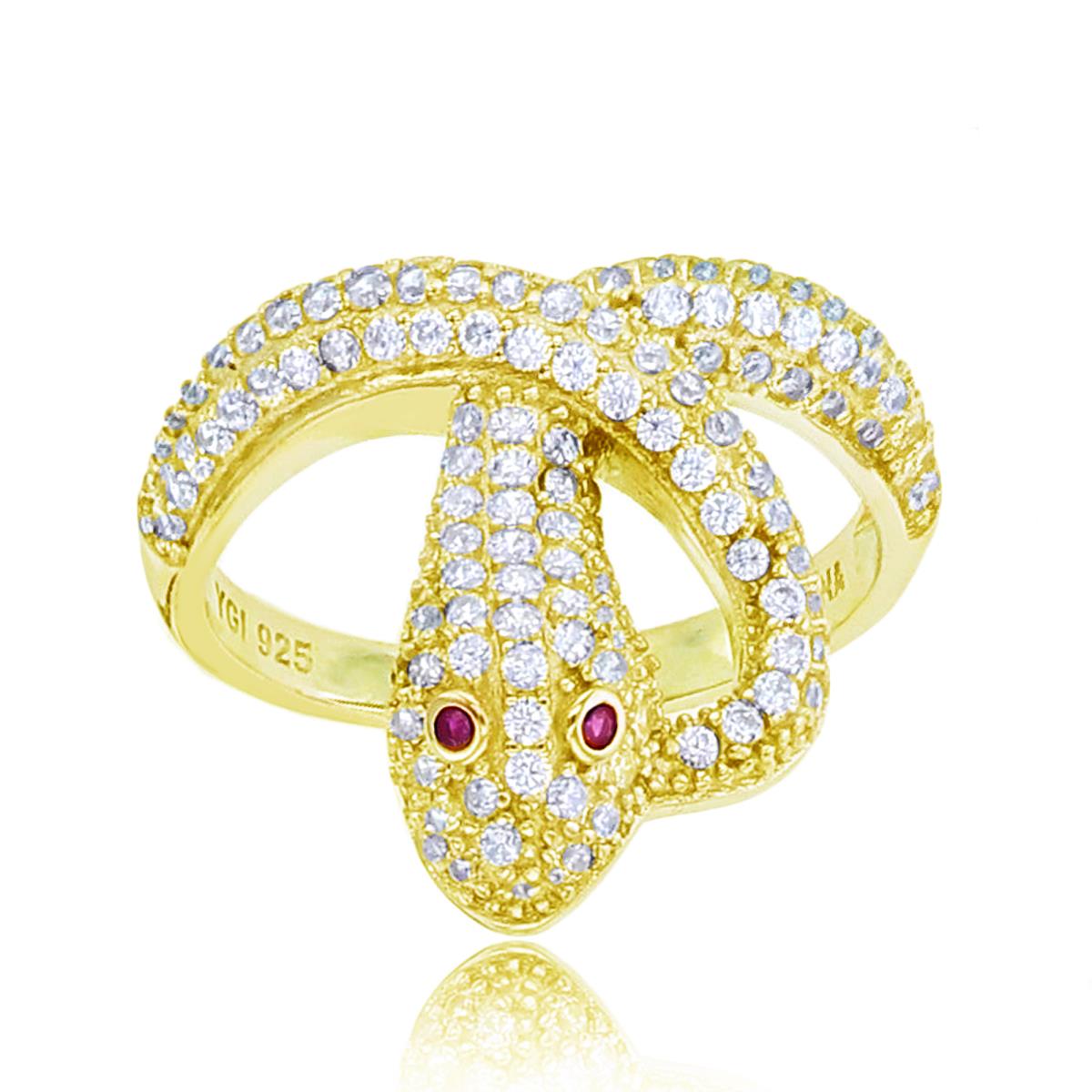 Sterling Silver Yellow Rnd White & #8 Ruby CZ Pave Snake Ring