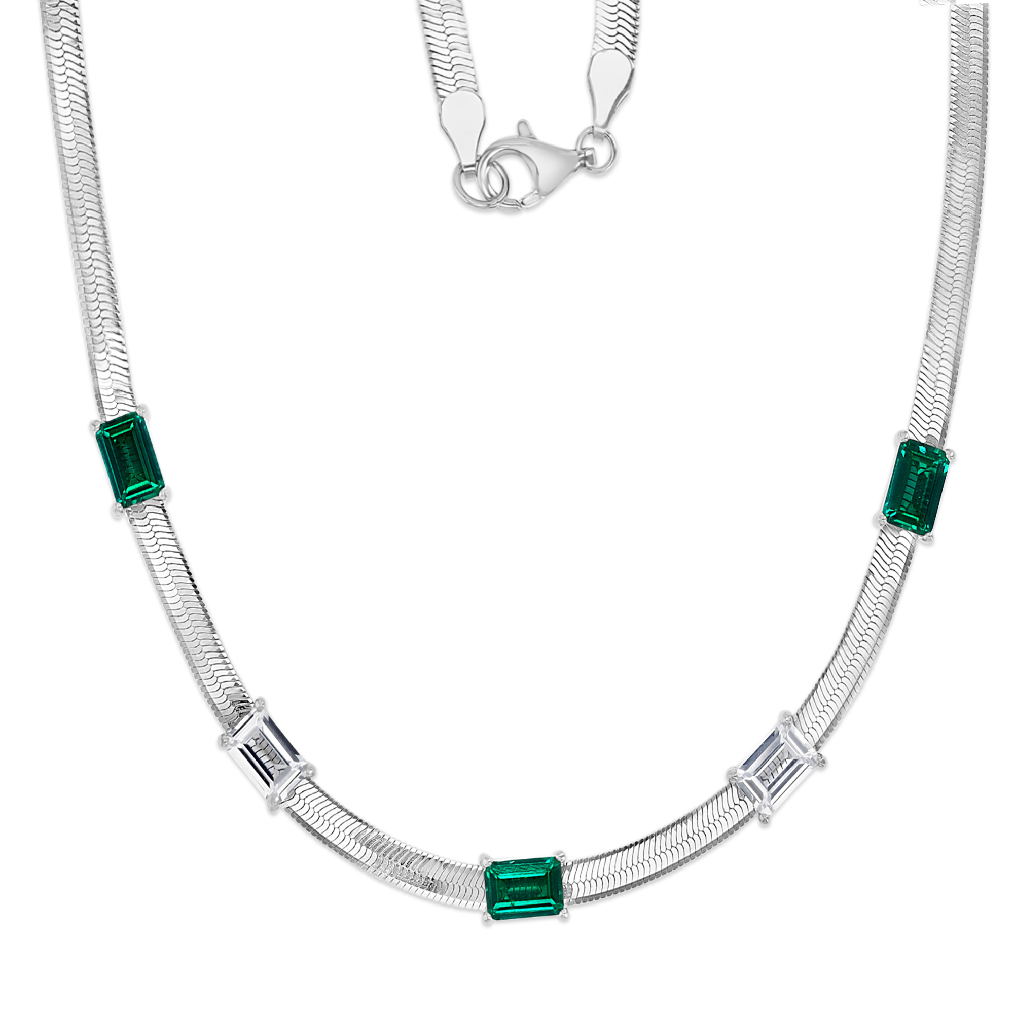 Sterling Silver Rhodium Cr. Emerald/ White Station 18" Necklace