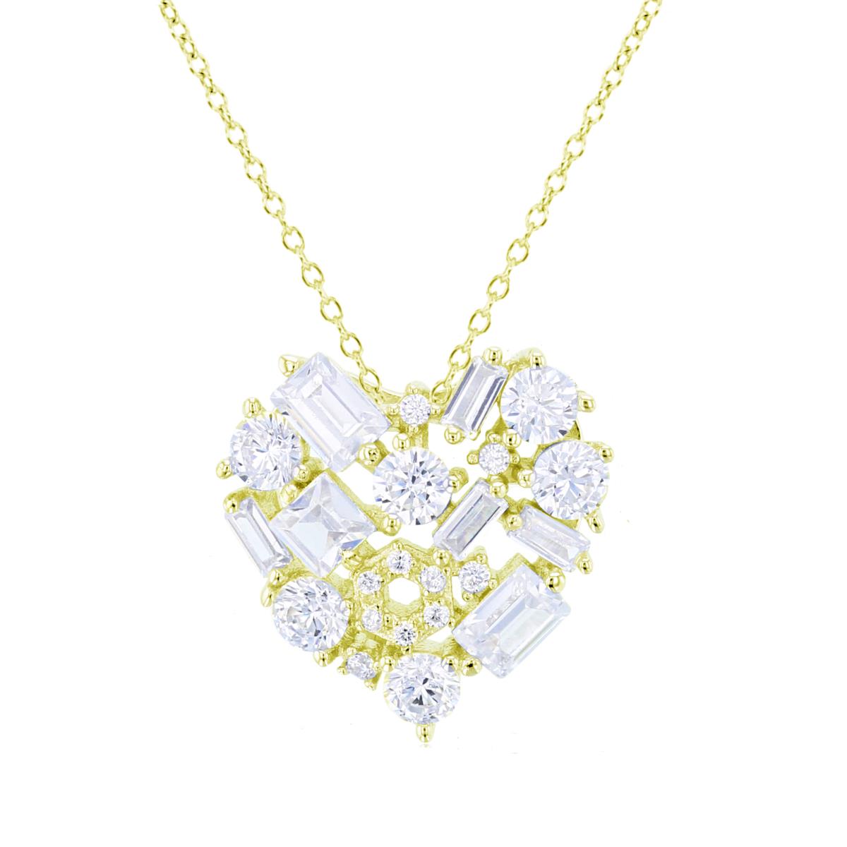 Sterling Silver Yellow 1 Micron SB/Rnd & Princess White CZ Scattered Heart 18"Necklace