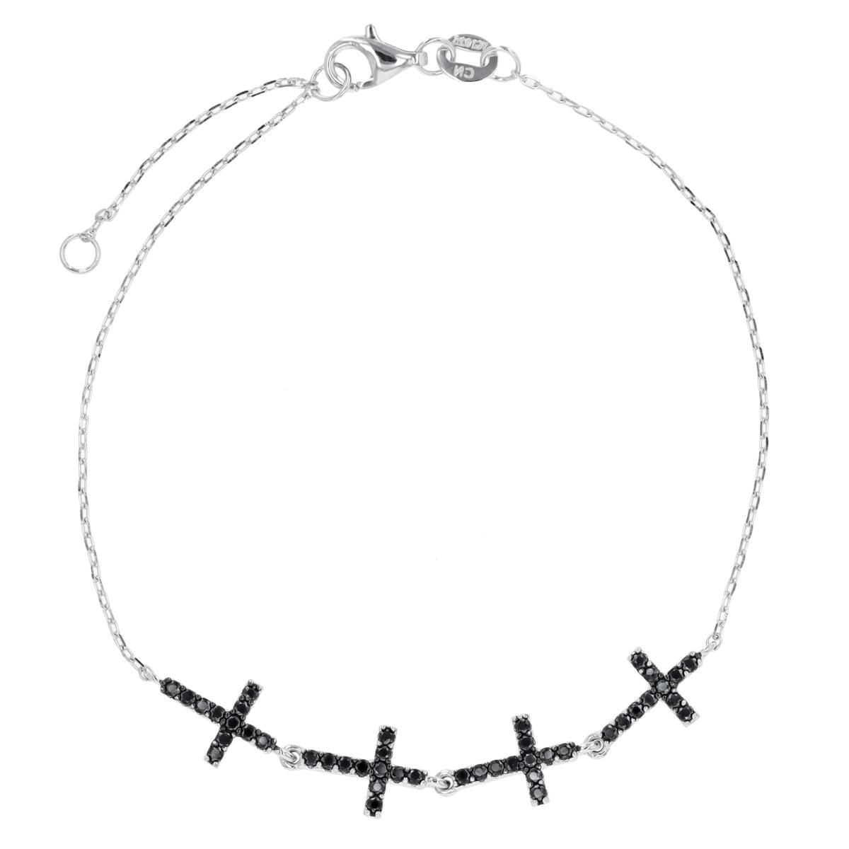Sterling Silver Rhodium & Black Black Spinel Pave Cross 9"+1" Bracelet