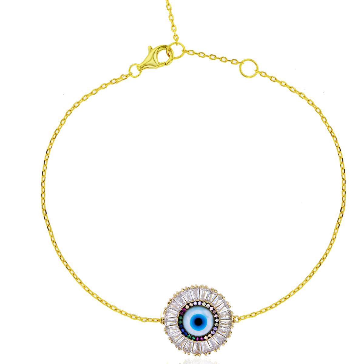Sterling Silver Yellow White Bgt & Multi Color Rd CZ Evil Eye 9"+1" Anklet