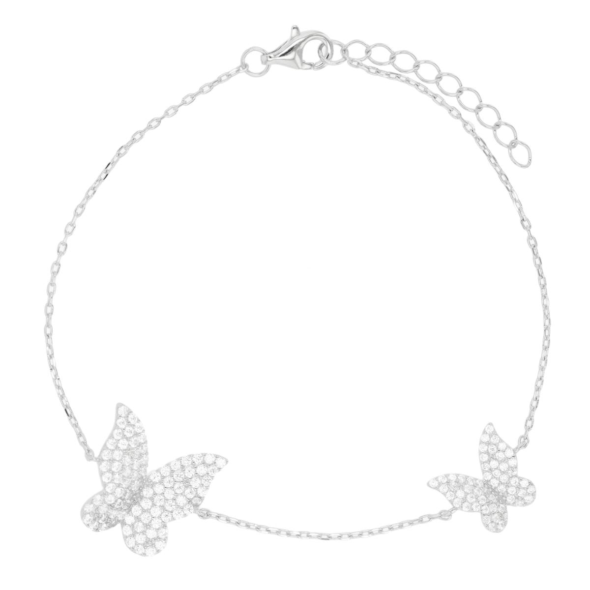 Sterling Silver Rhodium Paved Butterfly 9"+1"  Anklet