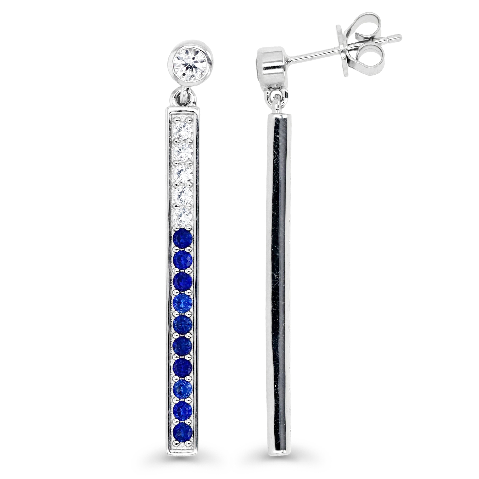 Sterling Silver Rhodium Graduated Cr. White and Blue Sapphire Dangling Earring