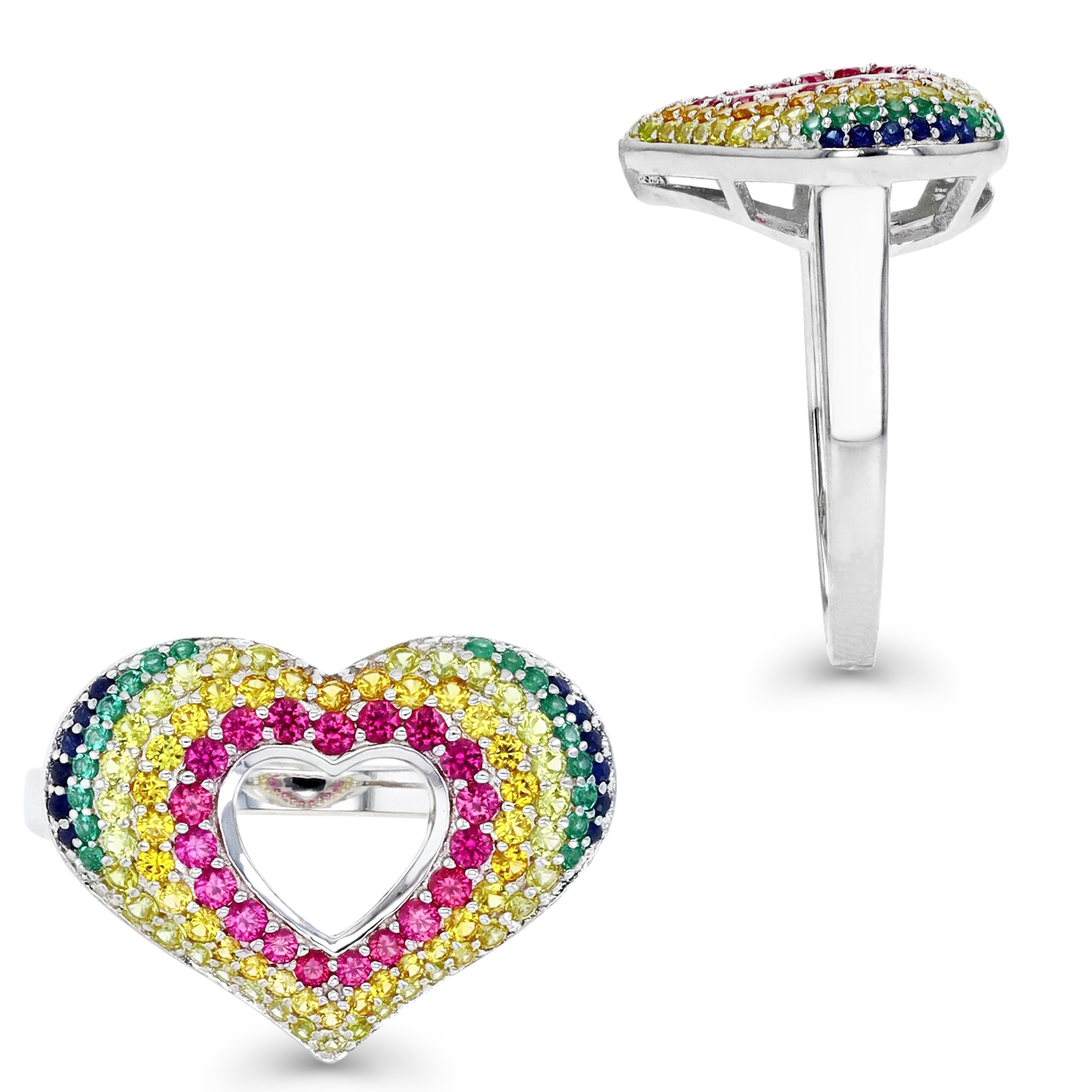 Sterling Silver Rhodium Multi Color Heart Cutout Ring
