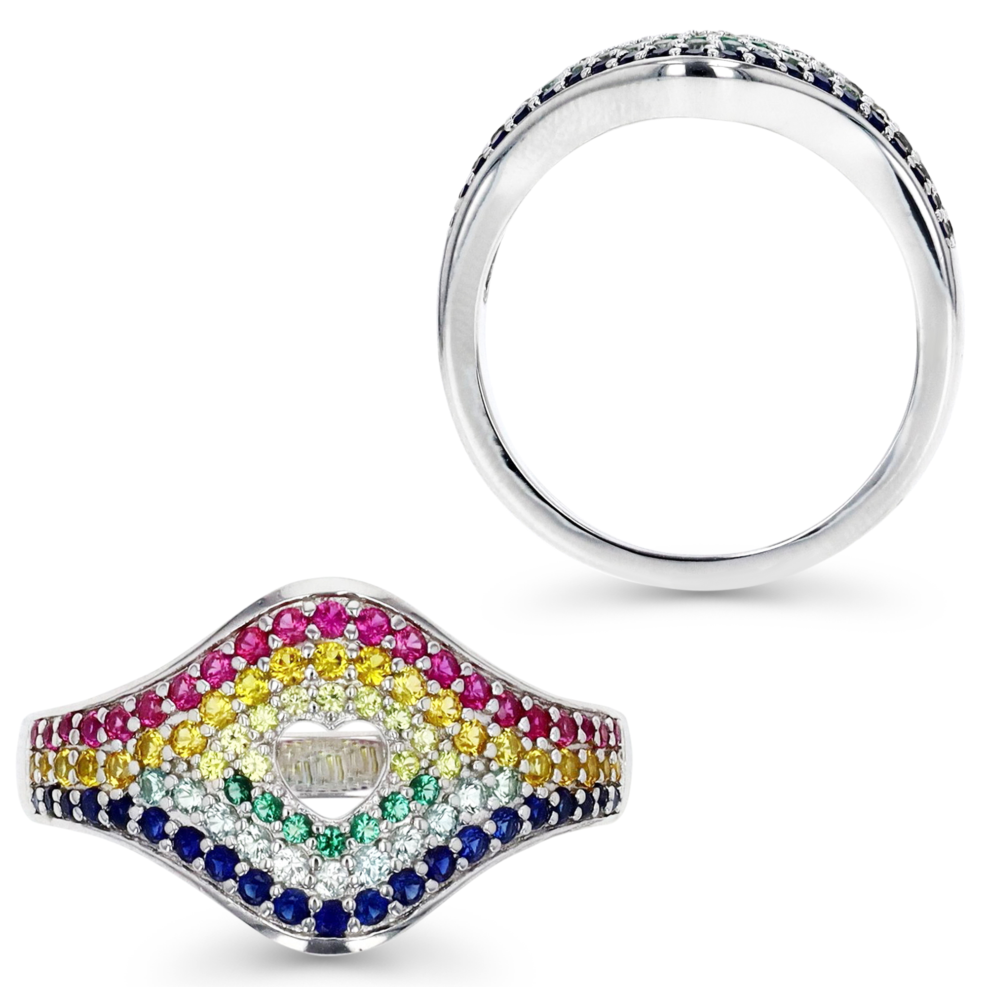 Sterling Silver Rhodium Multi Color Heart Cutout Ring