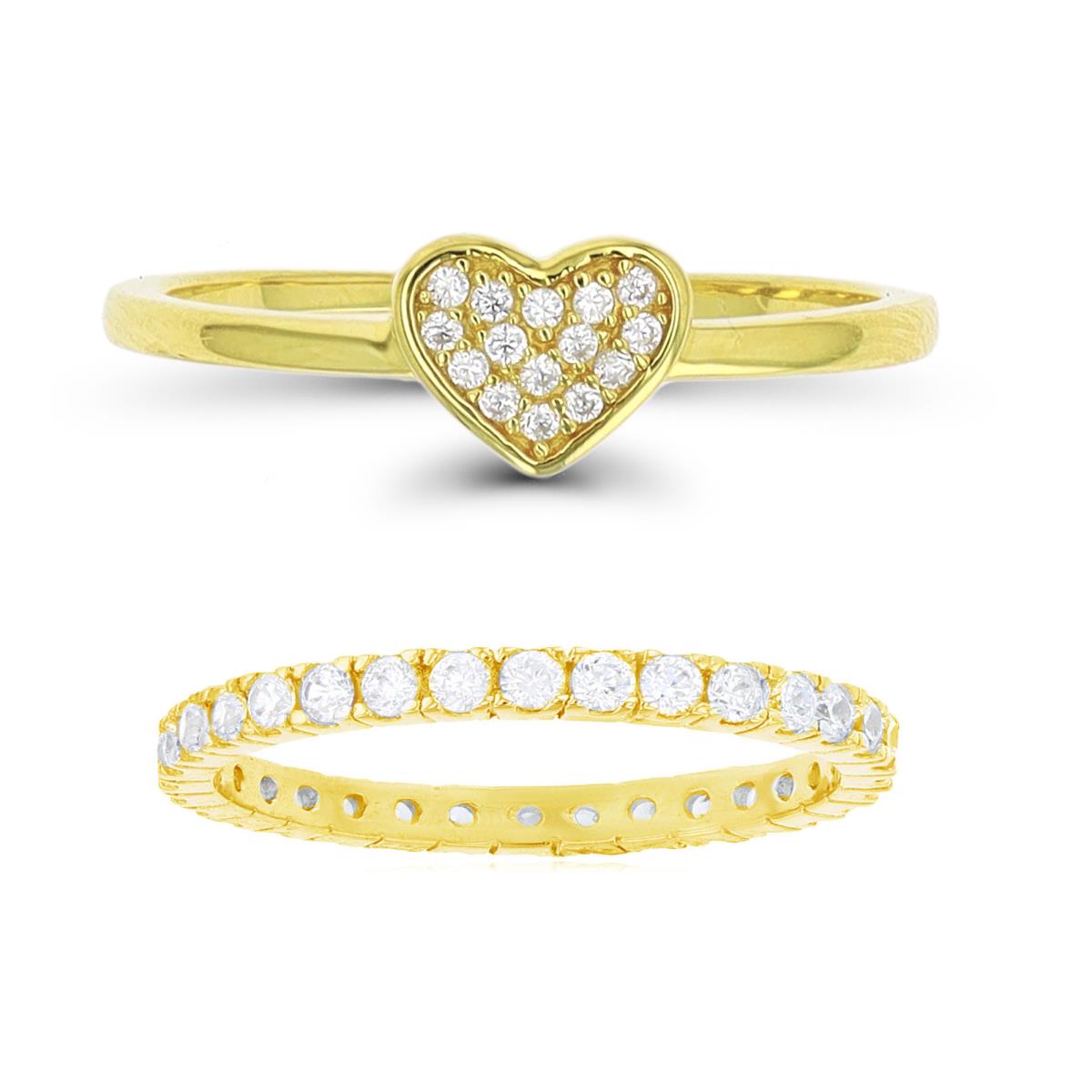 Sterling Silver Yellow 3;6mm Heart White CZ &  Eternity Band Ring Set