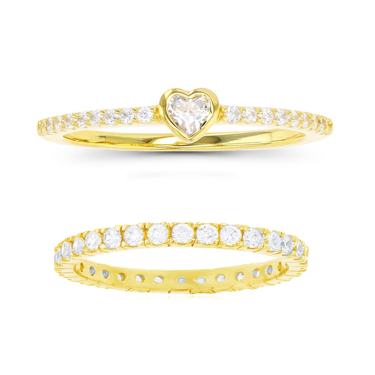 Sterling Silver Yellow 3.8;3mm Heart Eternity White CZ Band Ring Set