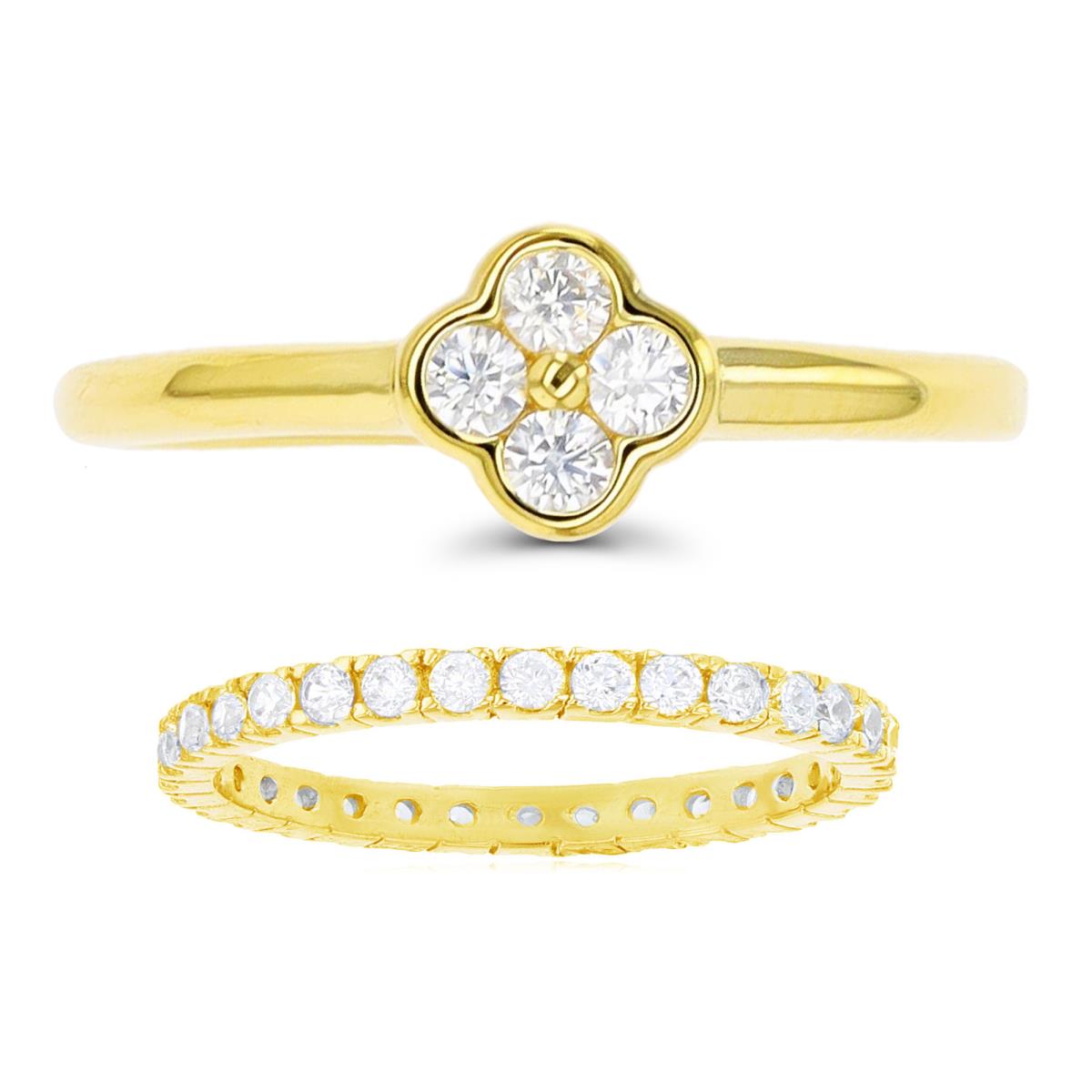 Sterling Silver Yellow  Band & Flower Polished Ring Set