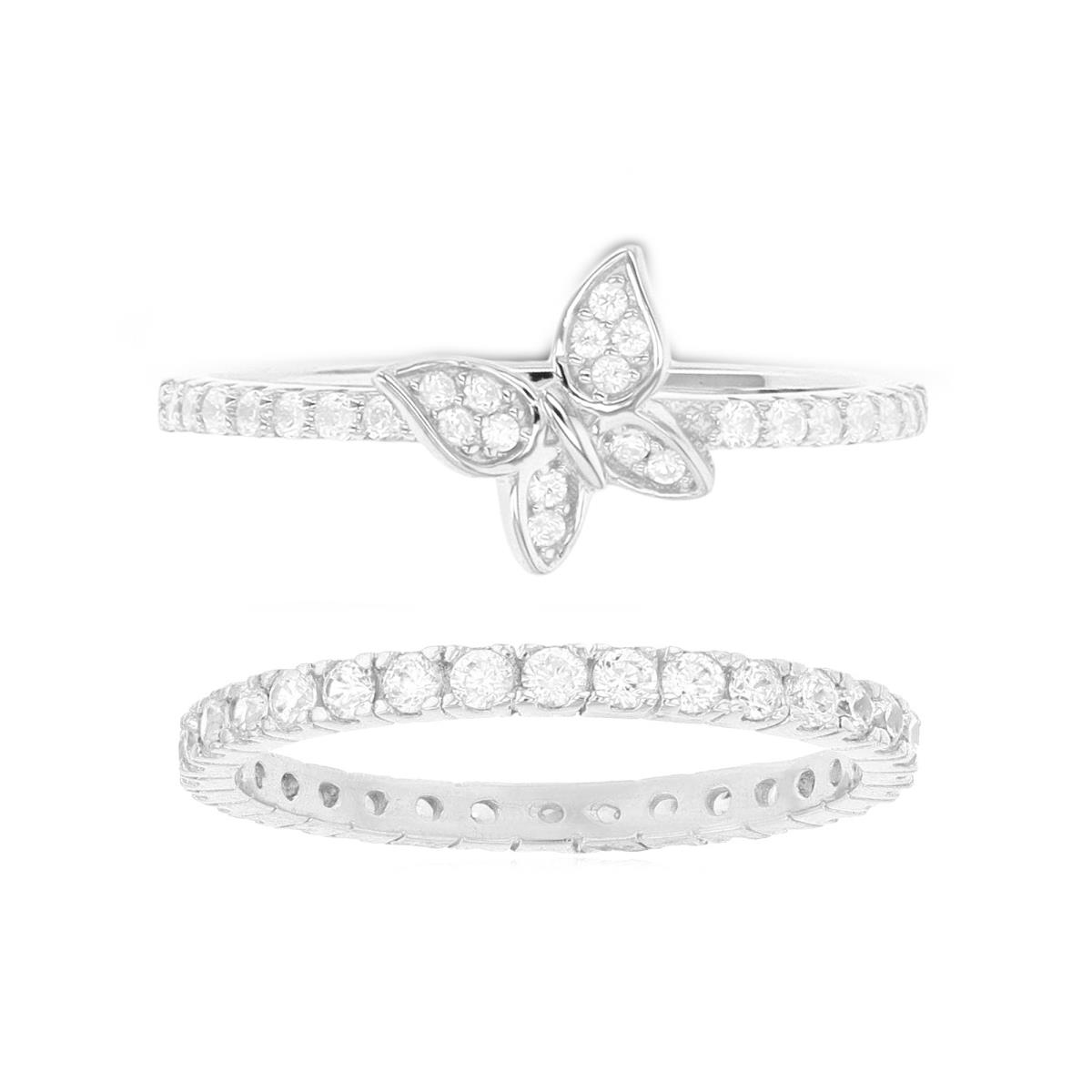 Sterling Silver Rhodium 8;1.80 Band Eternity & Butterfly White CZ Ring Set