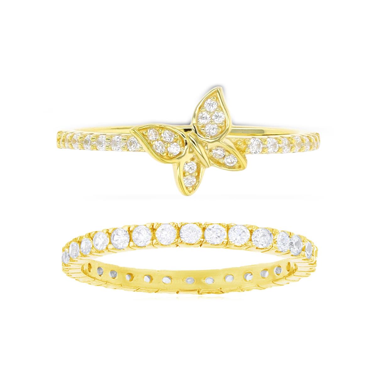 Sterling Silver Yellow 8;1.80 Band Eternity & Butterfly White CZ Ring Set