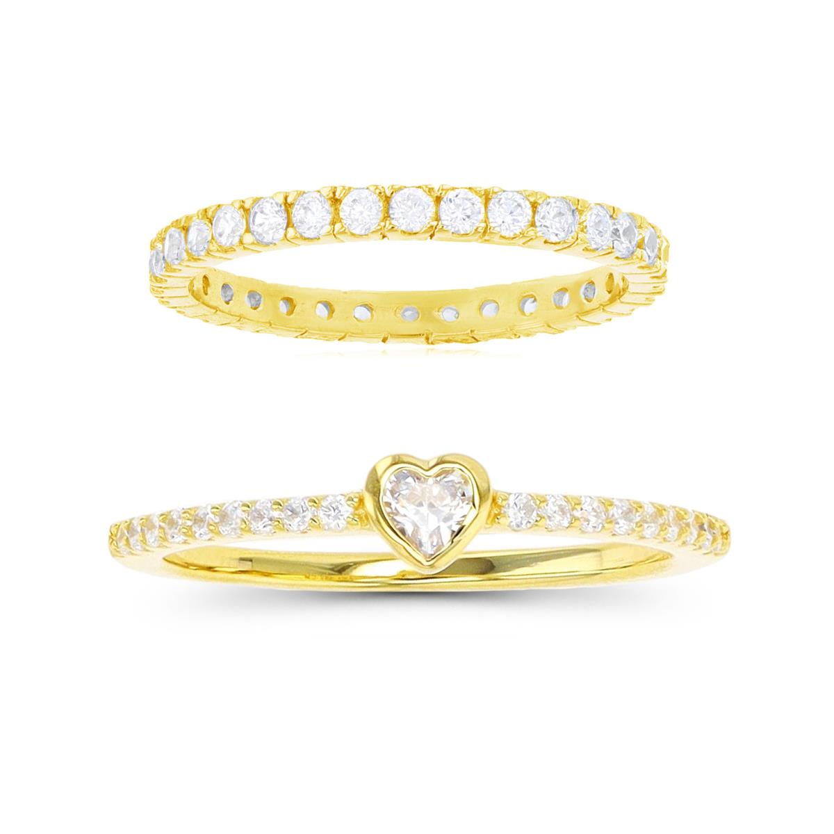 Sterling Silver Yellow 1.80;3.8mm Eternity Band & Bezel Heart White CZ Ring Set