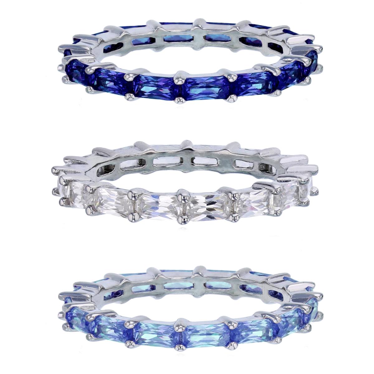 Sterling Silver Rhodium White+Blue+Sapphire Emerald Cut CZ Eternity Ring Set Of 3