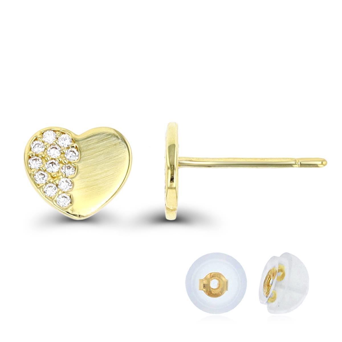 14K Yellow Gold Half Pave Heart Stud Earring with Silicone Back