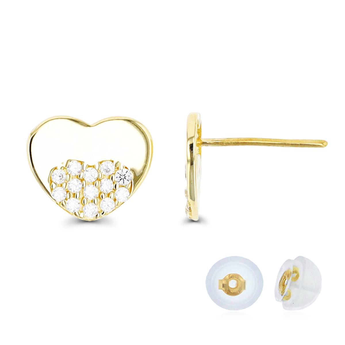 14K Yellow Gold Polished & Pave Heart Stud Earring with Silicone Back