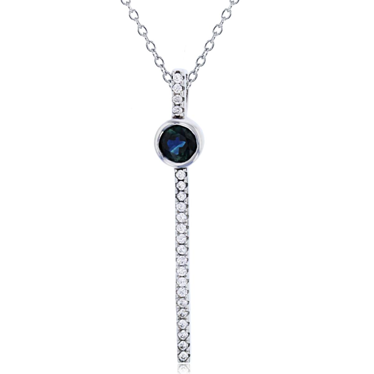 Sterling Silver Rhodium 0.09cttw Rnd Diamonds & 4mm Rnd Sapphire Vertical 16+1+1" Necklace
