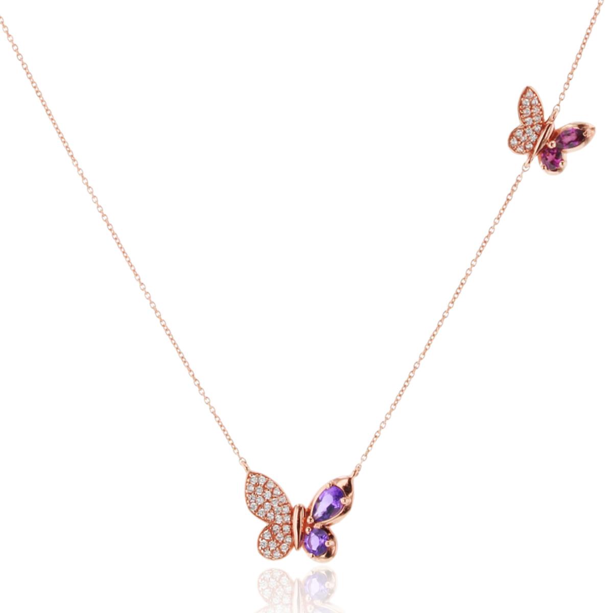 Sterling Silver Rose 0.132cttw Rnd Diamonds & Rnd Amethyst/ PS and MQ Rhodolite Double Butterfly 18"Necklace