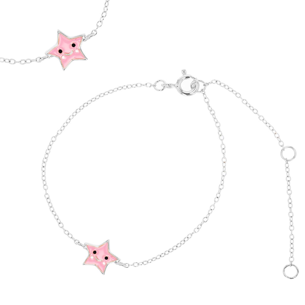 Sterling Silver Rhodium 8.5MM Enamel Star Pink & Multi 5+1+1" Bracelet