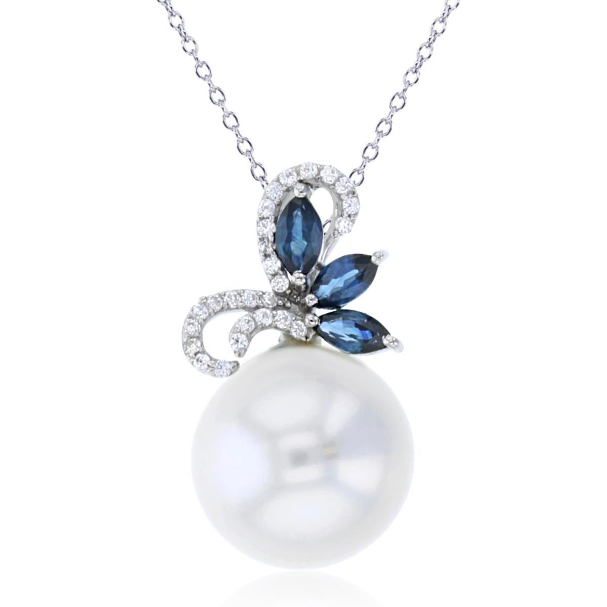 Sterling Silver Rhodium 7mm Rnd White Pearl & Cr. Sapphire Flower 18"Necklace
