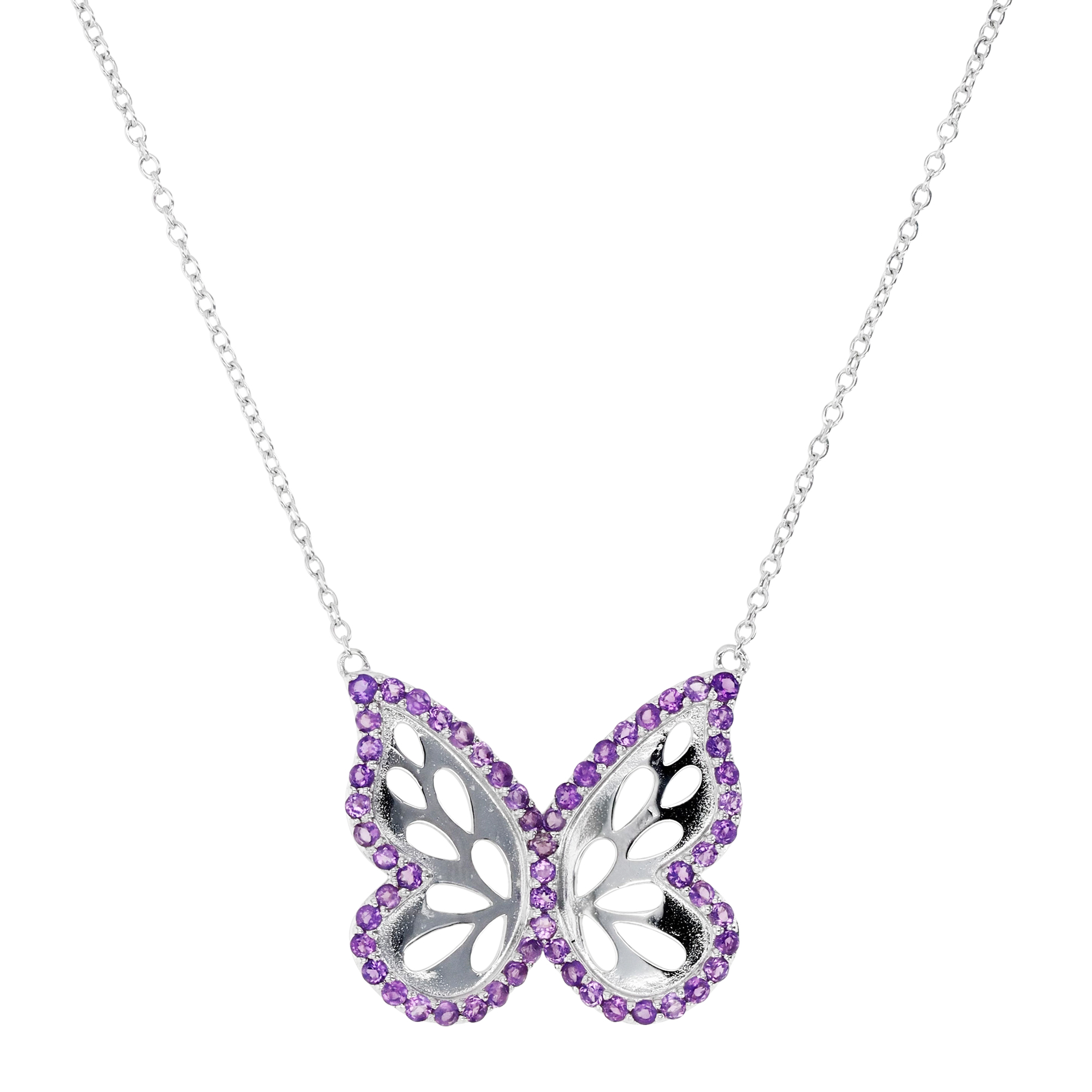 Sterling Silver Rhodium Amethyst Butterfly 18" Necklace