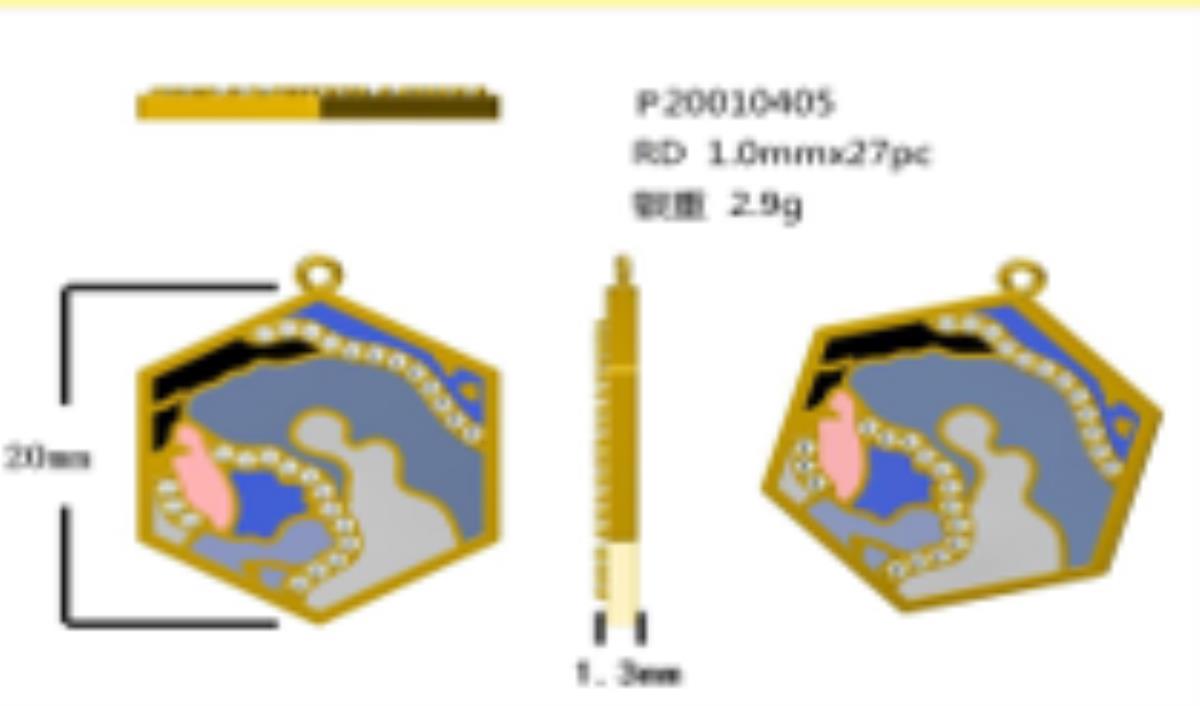 14K Yellow Gold Multi Color Enamel CRW Hexagon 18" Necklace