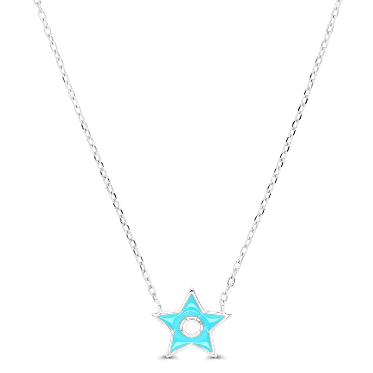 Sterling Silver Rhodium 10X10MM Star Solitaire White CZ & Blue Enamel 13+2" Necklace