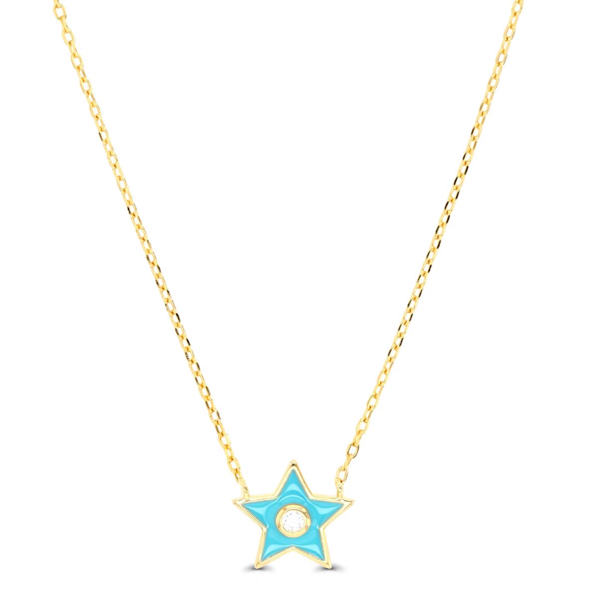Sterling Silver Yellow 1 Micron 10X10MM Star Solitaire White CZ & Blue Enamel 13+2" Necklace